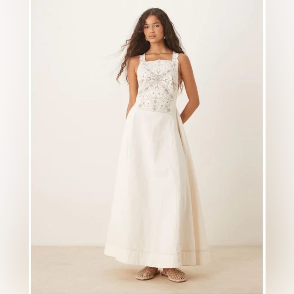Free People Embroidered Square Neck Maxi Dress Natural Ivory Boho Cottagecore XS